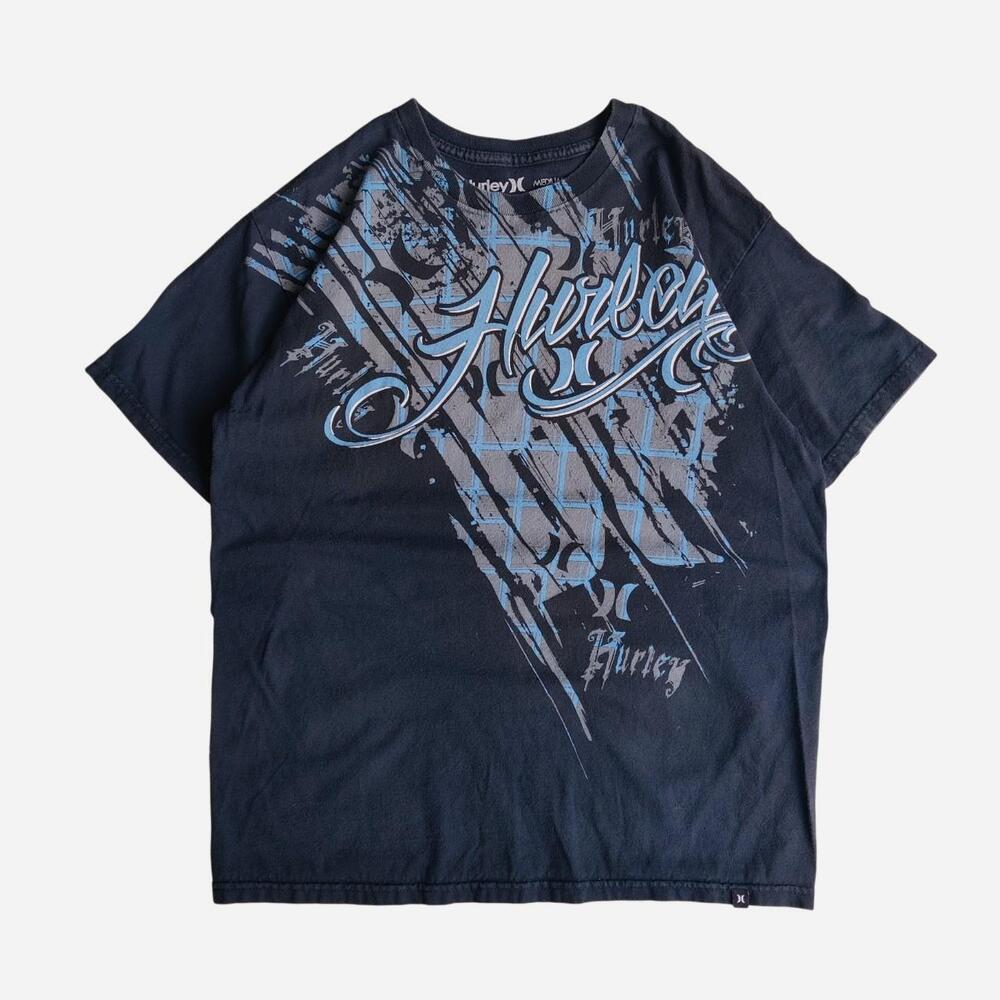 Y2K Hurley Cotton T-Shirt with Blue Graphic Featuring 'Hurley' in Cursive